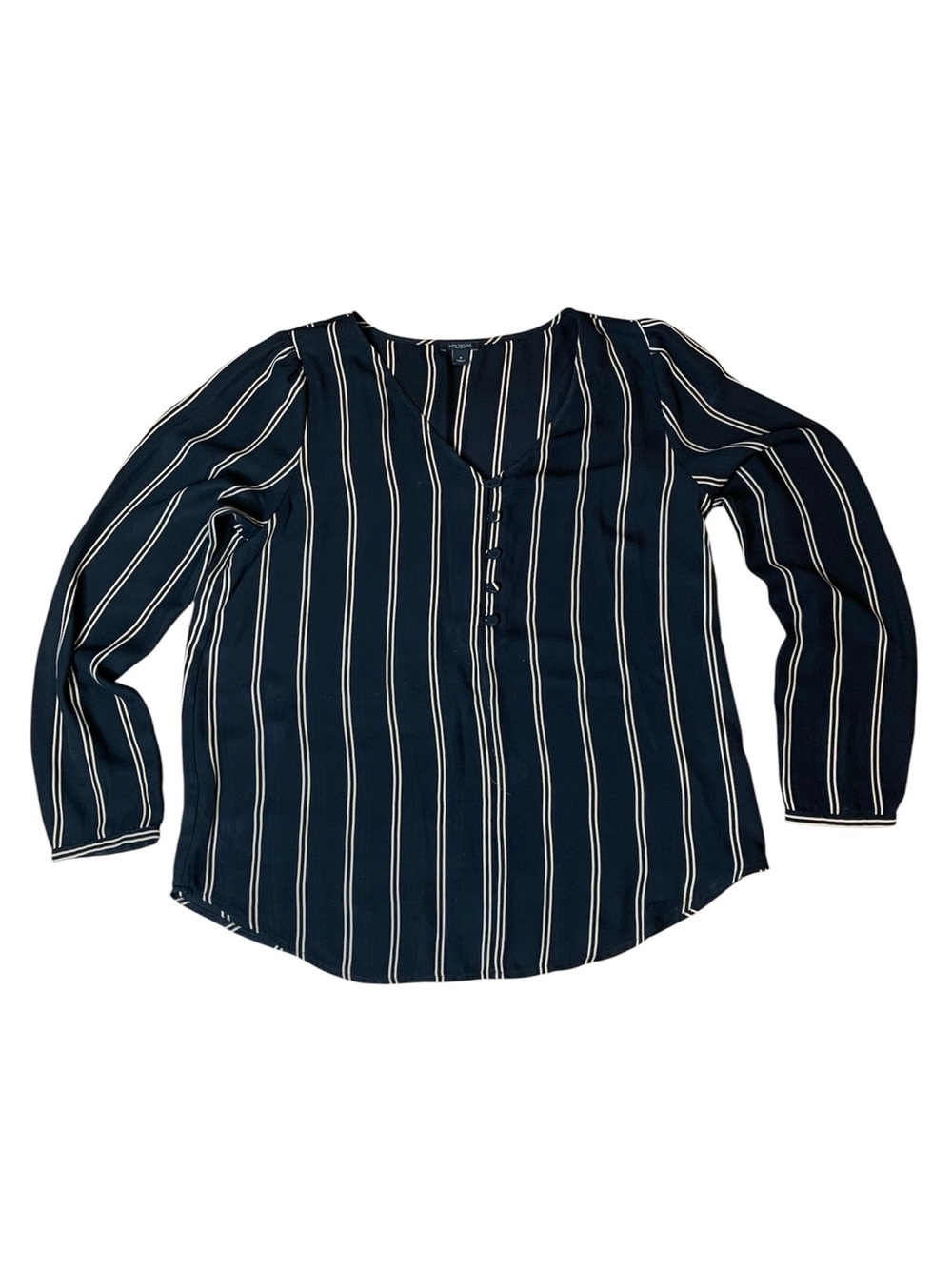 Ann Taylor Factory Black & Beige Stripe V-Neck Button Front Blouse - Size M